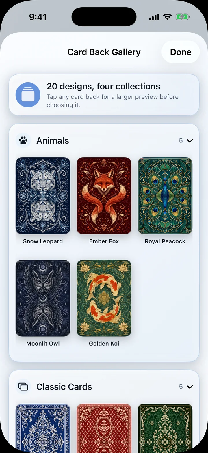 Card Back Gallery on iPhone with colorful built-in designs