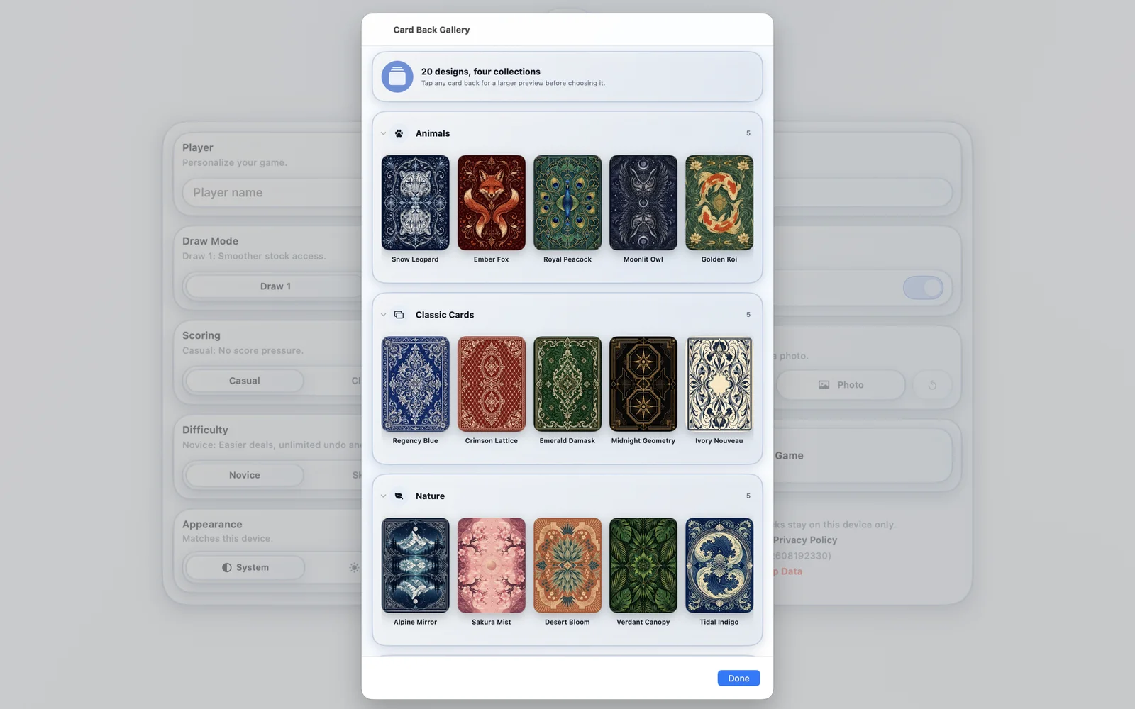 Pure Solitaire Card Back Gallery showing 20 designs across four collections